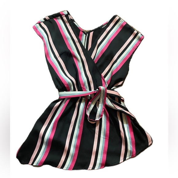 Express Top Womens Black Pink Striped Tie Waist Casual Work Office Summer - Picture 2 of 6